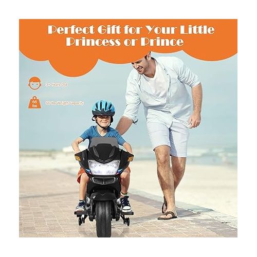  HONEY JOY 12V Kids Motorcycle, Battery Powered Electric Vehicle for Kids, Training Wheels, LED Lights, Foot Pedal, Spring Suspension, Ride On Motorcycle, Gift for Boys Girls 3+ (Black)
