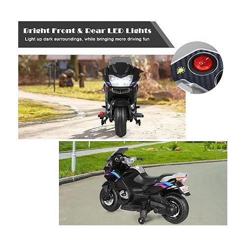  HONEY JOY 12V Kids Motorcycle, Battery Powered Electric Vehicle for Kids, Training Wheels, LED Lights, Foot Pedal, Spring Suspension, Ride On Motorcycle, Gift for Boys Girls 3+ (Black)