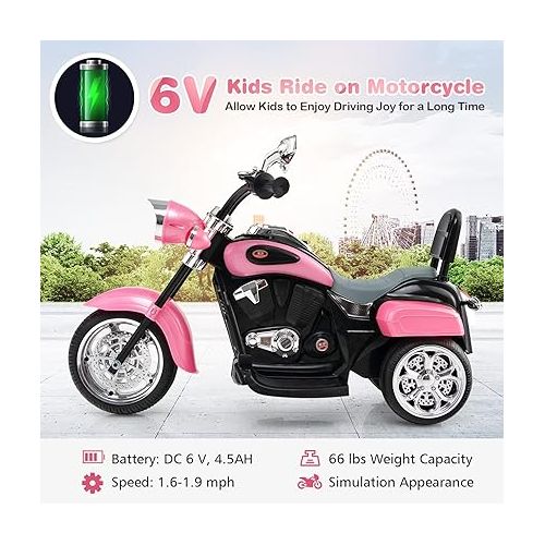  HONEY JOY Pink Kids Motorcycle, 6V Battery Powered Toddler Chopper Motorbike Ride On Toy w/Horn & Headlight, Foot Pedal, 3-Wheel Mini Electric Motorcycle for Kids, Gift for Boys Girls(Pink)