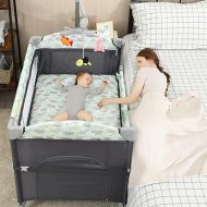HONEY JOY Pack and Play with Bassinet, 5-in-1 Baby Bedside Sleeper w/Diaper Changing Table & Storage Bag, Toy Arch & Music Box, Detachable Side Rail, Portable Baby Play Yard w/Carry Bag(Gray)