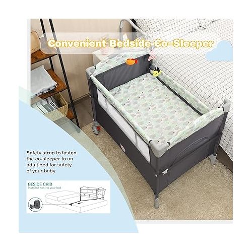  HONEY JOY Pack and Play with Bassinet, 5-in-1 Baby Bedside Sleeper w/Diaper Changing Table & Storage Bag, Toy Arch & Music Box, Detachable Side Rail, Portable Baby Play Yard w/Carry Bag(Gray)