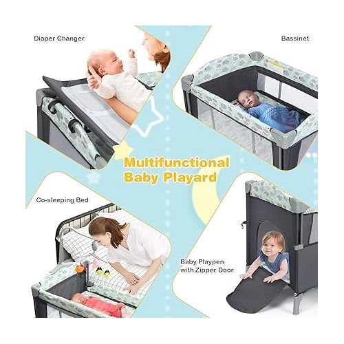 HONEY JOY Pack and Play with Bassinet, 5-in-1 Baby Bedside Sleeper w/Diaper Changing Table & Storage Bag, Toy Arch & Music Box, Detachable Side Rail, Portable Baby Play Yard w/Carry Bag(Gray)