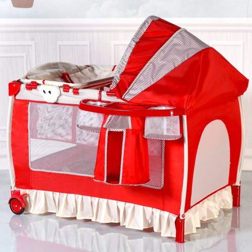  HONEY JOY Baby Playard, Convertible Playpen with Bassinet, Changing Table, Foldable Infant Crib Travel Bassinet Bed with Music Box, Cute Toys, Wheels & Brake, with Oxford Carry Bag