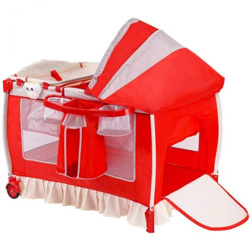  HONEY JOY Baby Playard, Convertible Playpen with Bassinet, Changing Table, Foldable Infant Crib Travel Bassinet Bed with Music Box, Cute Toys, Wheels & Brake, with Oxford Carry Bag