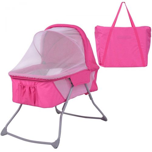  HONEY JOY Baby Bassinet, Foldable Rocking Bed with Mosquito Net & Carrying Bag (Pink)