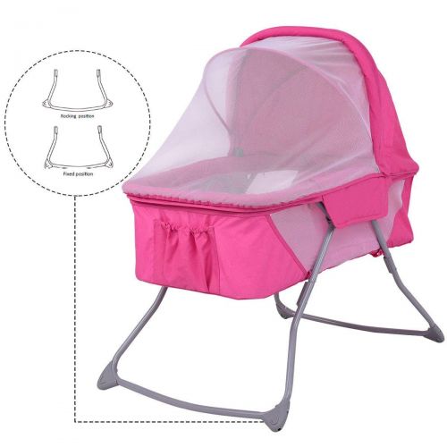  HONEY JOY Baby Bassinet, Foldable Rocking Bed with Mosquito Net & Carrying Bag (Pink)
