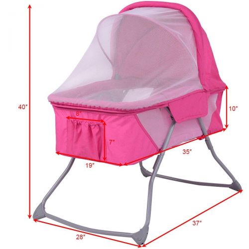  HONEY JOY Baby Bassinet, Foldable Rocking Bed with Mosquito Net & Carrying Bag (Pink)