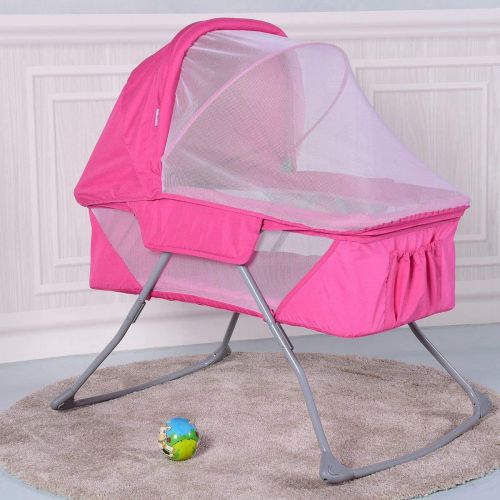  HONEY JOY Baby Bassinet, Foldable Rocking Bed with Mosquito Net & Carrying Bag (Pink)