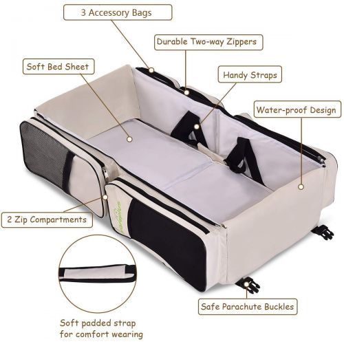  HONEY JOY 3 in 1 Baby Bassinet Diaper Bag, Waterproof Oxford Portable Bassinet, Travel Changing Station with Fitted Sheet (Beige)