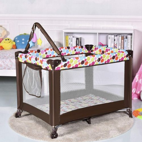  HONEY JOY Baby Playard, Convertible Playpen with Bassinet, Changing Table, Foldable Travel Bassinet Bed with Music Box, Whirling Toys, Wheels & Brake, Travel Ready with Oxford Carr