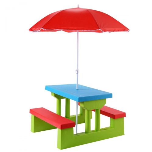  HONEY JOY Kids Picnic Table Set Easy Store Large Picnic Table with Umbrella Garden Yard Folding Bench Outdoor (Colorful Set with Umbrella)