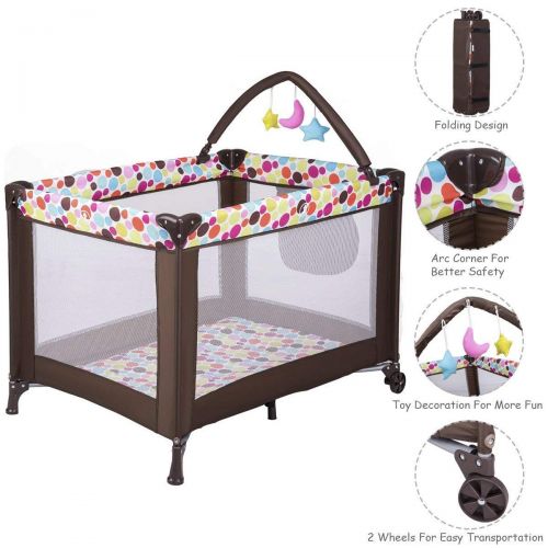  HONEY JOY Baby Playard with Bassinet, Foldable Travel Bassinet Bed with Poket, Whirling Toys,...