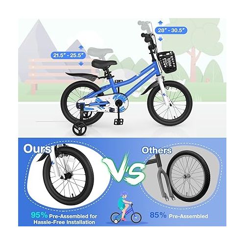  HONEY JOY Kids Bike, 14 16 18 Inch Toddler Bikes w/Training Wheels & Handbrake, Steel Frame, Fully Enclosed Chain, Adjustable Handlebar & Seat, Kids Bicycle w/Basket, Girls Boys Bike 3-8