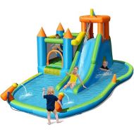 HONEY JOY Inflatable Water Slide, 8 in 1 Giant Jumping Water Bounce House Waterslide Park w/Splash Pool, Crawling, Outdoor Blow up Water Slides Inflatables for Kids and Adults Backyard(Without Blower)