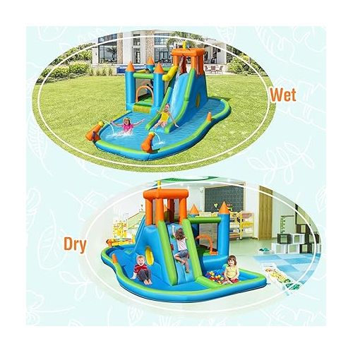  HONEY JOY Inflatable Water Slide, 8 in 1 Giant Jumping Water Bounce House Waterslide Park w/Splash Pool, Crawling, Outdoor Blow up Water Slides Inflatables for Kids and Adults Backyard(Without Blower)