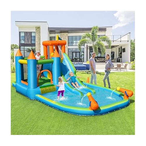  HONEY JOY Inflatable Water Slide, 8 in 1 Giant Jumping Water Bounce House Waterslide Park w/Splash Pool, Crawling, Outdoor Blow up Water Slides Inflatables for Kids and Adults Backyard(Without Blower)