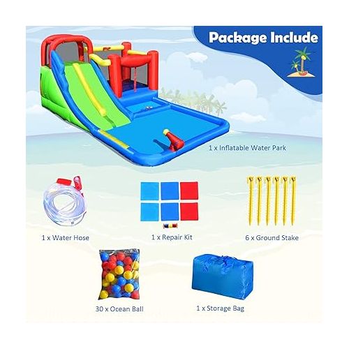  HONEY JOY Inflatable Water Slide, 7 in 1 Giant Water Bounce House Water Park for Outdoor Backyard, Double Long Slide, Splash Pool, Blow up Water Slides Inflatables for Kids and Adults(Without Blower)