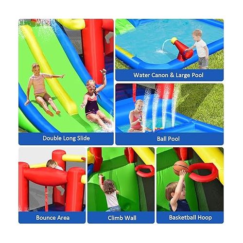  HONEY JOY Inflatable Water Slide, 7 in 1 Giant Water Bounce House Water Park for Outdoor Backyard, Double Long Slide, Splash Pool, Blow up Water Slides Inflatables for Kids and Adults(Without Blower)