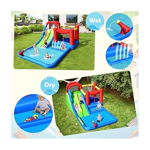  HONEY JOY Inflatable Water Slide, 7 in 1 Giant Water Bounce House Water Park for Outdoor Backyard, Double Long Slide, Splash Pool, Blow up Water Slides Inflatables for Kids and Adults(Without Blower)