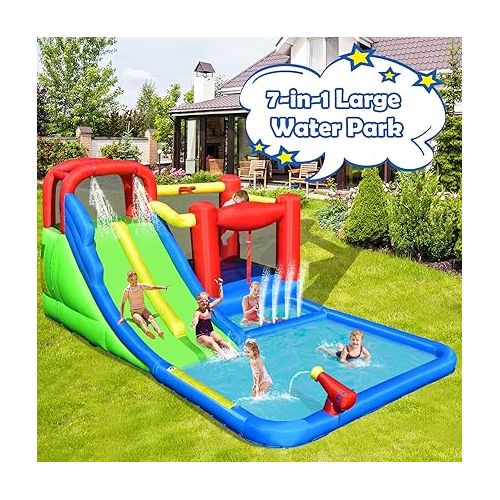  HONEY JOY Inflatable Water Slide, 7 in 1 Giant Water Bounce House Water Park for Outdoor Backyard, Double Long Slide, Splash Pool, Blow up Water Slides Inflatables for Kids and Adults(Without Blower)