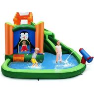 HONEY JOY Inflatable Water Slide Bounce House, 6 in 1 Outdoor Bouncy Water Park w/Splash Pool, Slide & Cannon, Climbing Wall, Penguin Blow Up Water Slides for Kids Backyard(Without Blower)