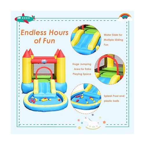  HONEY JOY Inflatable Water Slide, Toddler Water Bounce House Bouncy Park Castle w/Slide, Ocean Ball Pit, Indoor Outdoor Blow up Water Slides Inflatables for Kids and Adults Backyard(with 580w Blower)