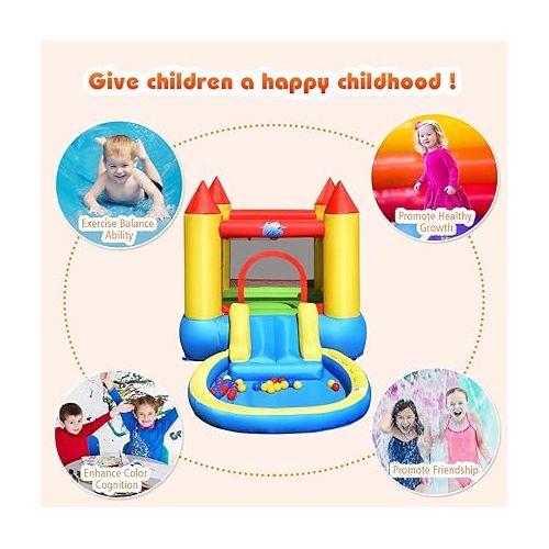  HONEY JOY Inflatable Water Slide, Toddler Water Bounce House Bouncy Park Castle w/Slide, Ocean Ball Pit, Indoor Outdoor Blow up Water Slides Inflatables for Kids and Adults Backyard(with 580w Blower)