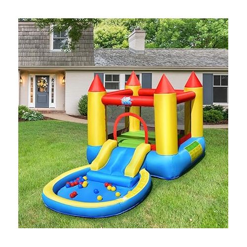  HONEY JOY Inflatable Water Slide, Toddler Water Bounce House Bouncy Park Castle w/Slide, Ocean Ball Pit, Indoor Outdoor Blow up Water Slides Inflatables for Kids and Adults Backyard(with 580w Blower)