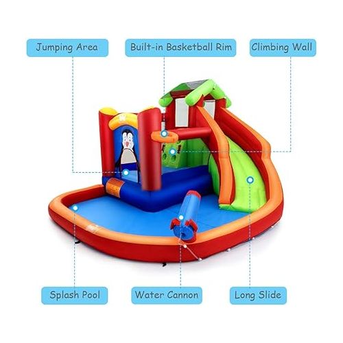  HONEY JOY Inflatable Water Slide Bounce House, 6 in 1 Jumping Bouncy Water Castle w/Splash Pool, Long Slide & Water Cannon, Climb Wall, Blow Up Water Slides for Kids Backyard (Without Blower)