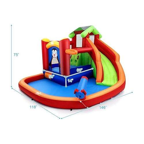  HONEY JOY Inflatable Water Slide Bounce House, 6 in 1 Jumping Bouncy Water Castle w/Splash Pool, Long Slide & Water Cannon, Climb Wall, Blow Up Water Slides for Kids Backyard (Without Blower)