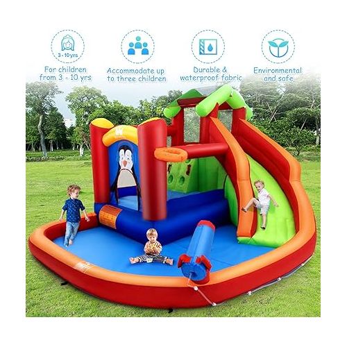  HONEY JOY Inflatable Water Slide Bounce House, 6 in 1 Jumping Bouncy Water Castle w/Splash Pool, Long Slide & Water Cannon, Climb Wall, Blow Up Water Slides for Kids Backyard (Without Blower)