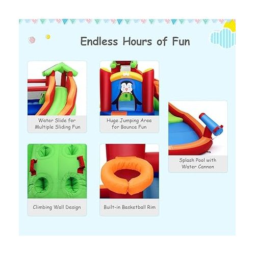  HONEY JOY Inflatable Water Slide Bounce House, 6 in 1 Jumping Bouncy Water Castle w/Splash Pool, Long Slide & Water Cannon, Climb Wall, Blow Up Water Slides for Kids Backyard (Without Blower)