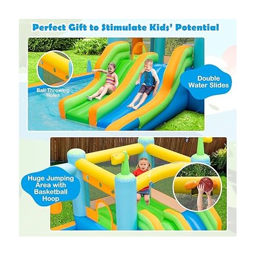  HONEY JOY Inflatable Water Slide, Giant Water Bounce House for Kids Backyard, Toddler Indoor Outdoor Blow up Jump Castle Waterslides Inflatables for Boys Girls(Without Blower)