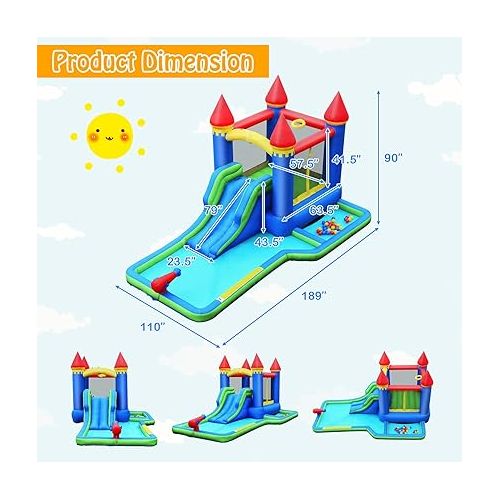  HONEY JOY Inflatable Water Slide, Giant Water Park Bounce House w/Splash Pool, Ring Toss & Basketball Rim, Outdoor Blow up Water Slides Inflatables for Kids and Adults Backyard(with 580W Blower)