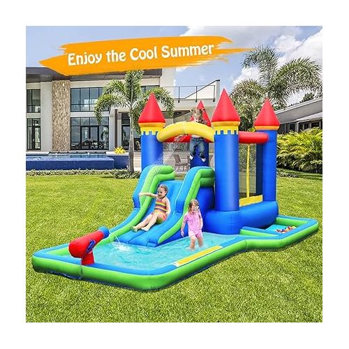 HONEY JOY Inflatable Water Slide, Giant Water Park Bounce House w/Splash Pool, Ring Toss & Basketball Rim, Outdoor Blow up Water Slides Inflatables for Kids and Adults Backyard(with 580W Blower)