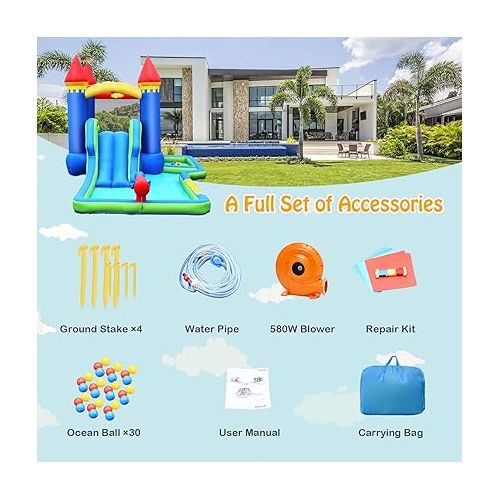  HONEY JOY Inflatable Water Slide, Giant Water Park Bounce House w/Splash Pool, Ring Toss & Basketball Rim, Outdoor Blow up Water Slides Inflatables for Kids and Adults Backyard(with 580W Blower)