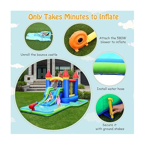  HONEY JOY Inflatable Water Slide, Giant Water Park Bounce House w/Splash Pool, Ring Toss & Basketball Rim, Outdoor Blow up Water Slides Inflatables for Kids and Adults Backyard(with 580W Blower)