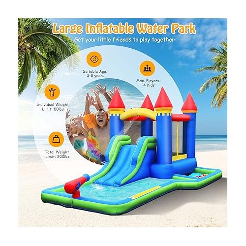  HONEY JOY Inflatable Water Slide, Giant Water Park Bounce House w/Splash Pool, Ring Toss & Basketball Rim, Outdoor Blow up Water Slides Inflatables for Kids and Adults Backyard(with 580W Blower)