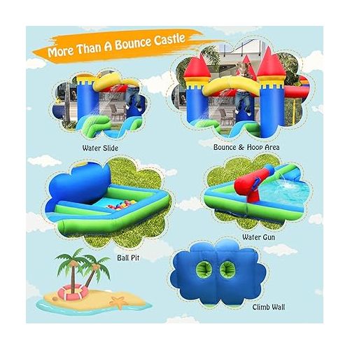  HONEY JOY Inflatable Water Slide, Giant Water Park Bounce House w/Splash Pool, Ring Toss & Basketball Rim, Outdoor Blow up Water Slides Inflatables for Kids and Adults Backyard(with 580W Blower)