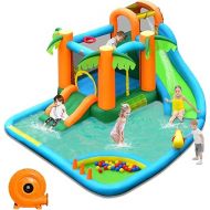 HONEY JOY Inflatable Water Slide, 7 in 1 Giant Water Park Bouncy House for Outdoor Backyard, Climbing Wall, Jungle Outdoor Blow up Water Slides Inflatables for Kids and Adults(with 780w Blower)