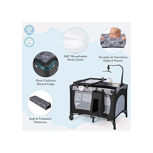  HONEY JOY Pack and Play, 4 in 1 Portable Baby Playard with Bassinet, Changing Table, Lockable Wheels, Music Box, Foldable Travel Baby Crib Nursery Center from Newborn to Toddler (Dark)