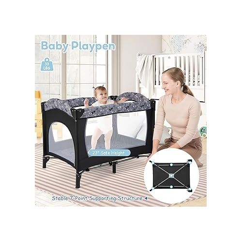  HONEY JOY Pack and Play, 4 in 1 Portable Baby Playard with Bassinet, Changing Table, Lockable Wheels, Music Box, Foldable Travel Baby Crib Nursery Center from Newborn to Toddler (Dark)