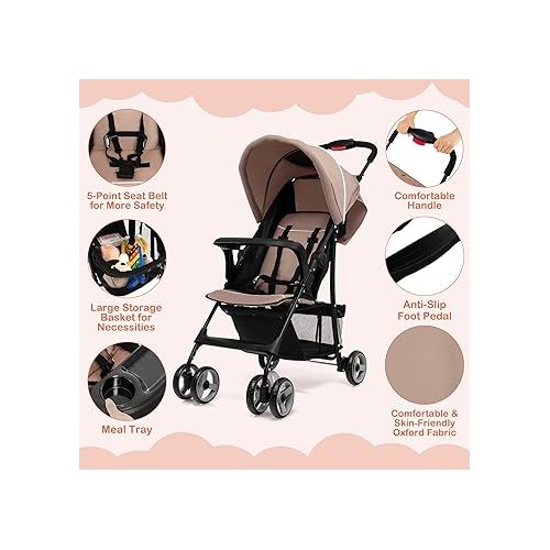  HONEY JOY Lightweight Stroller, Compact Travel Stroller for Airplane, Toddler Fold Pushchair w/Adjustable Canopy & Backrest, Storage Basket, Umbrella Stroller for Infants (Coffee)