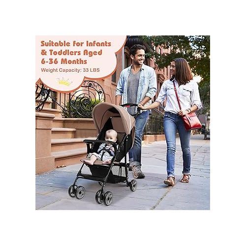  HONEY JOY Lightweight Stroller, Compact Travel Stroller for Airplane, Toddler Fold Pushchair w/Adjustable Canopy & Backrest, Storage Basket, Umbrella Stroller for Infants (Coffee)