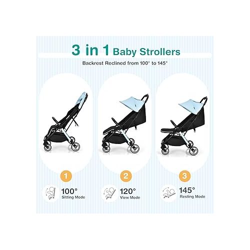  HONEY JOY Lightweight Baby Stroller, Compact Travel Stroller for Airplane, Fits Airplane Cabin & Overhead, One-Hand Gravity Fold, Self-Standing Toddler Stroller w/Adjustable Backrest/Canopy(Blue)