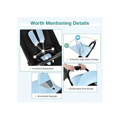  HONEY JOY Lightweight Baby Stroller, Compact Travel Stroller for Airplane, Fits Airplane Cabin & Overhead, One-Hand Gravity Fold, Self-Standing Toddler Stroller w/Adjustable Backrest/Canopy(Blue)