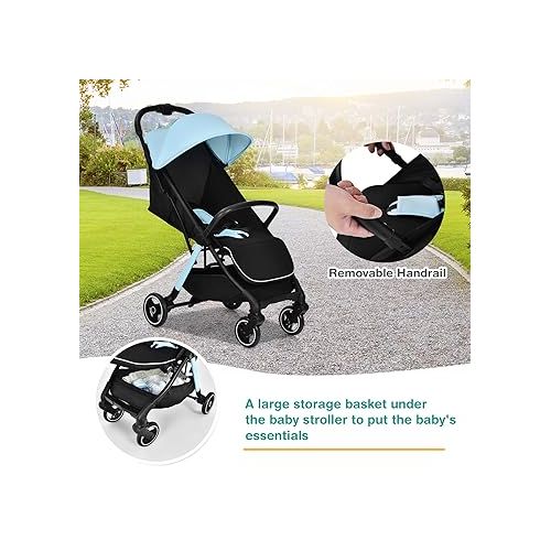  HONEY JOY Lightweight Baby Stroller, Compact Travel Stroller for Airplane, Fits Airplane Cabin & Overhead, One-Hand Gravity Fold, Self-Standing Toddler Stroller w/Adjustable Backrest/Canopy(Blue)