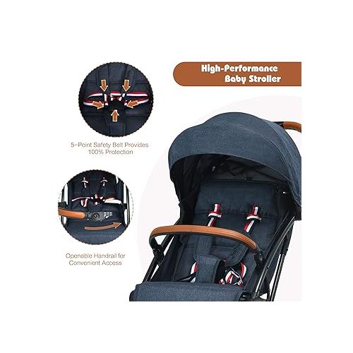  HONEY JOY Lightweight Baby Stroller, Compact One-Hand Luggage-Style Travel Stroller for Airplane, Fits Airplane Cabin & Overhead, Self-Standing Toddler Stroller w/Adjustable Backrest/Canopy(Navy)