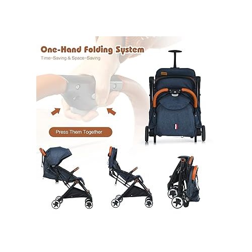  HONEY JOY Lightweight Baby Stroller, Compact One-Hand Luggage-Style Travel Stroller for Airplane, Fits Airplane Cabin & Overhead, Self-Standing Toddler Stroller w/Adjustable Backrest/Canopy(Navy)