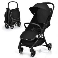 HONEY JOY Lightweight Baby Stroller, Compact Travel Stroller for Airplane, Fits Airplane Cabin & Overhead, One-Hand Gravity Fold, Self-Standing Toddler Stroller w/Adjustable Backrest/Canopy(Black)